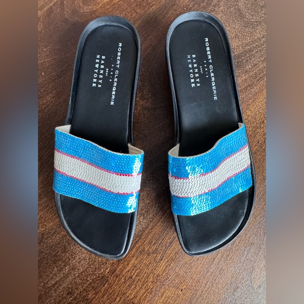 Robert Clergerie Blue, White & Pink Sequin Slide Mules